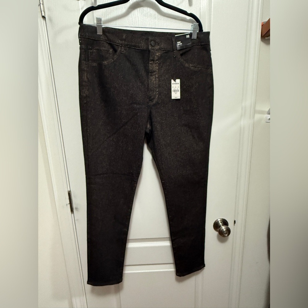 Express Jeans Womens‎ 14R Black Gold Metallic Shimmer High Rise Skinny Glam NWT